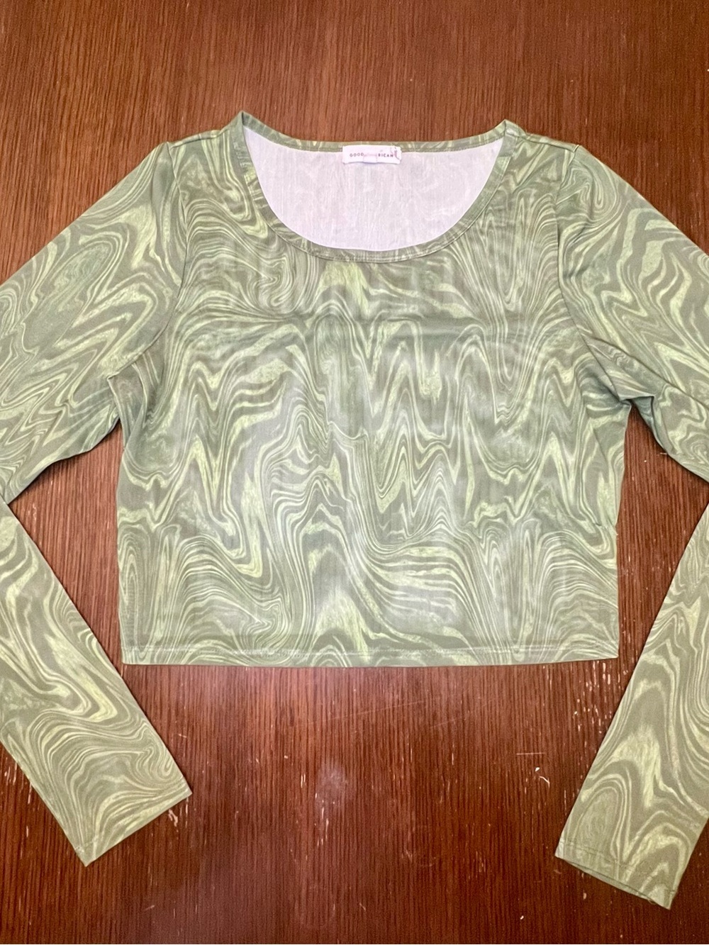 Good American Small Green Pesto Marble Swirl Mesh Long Sleeve Crop Top y2k